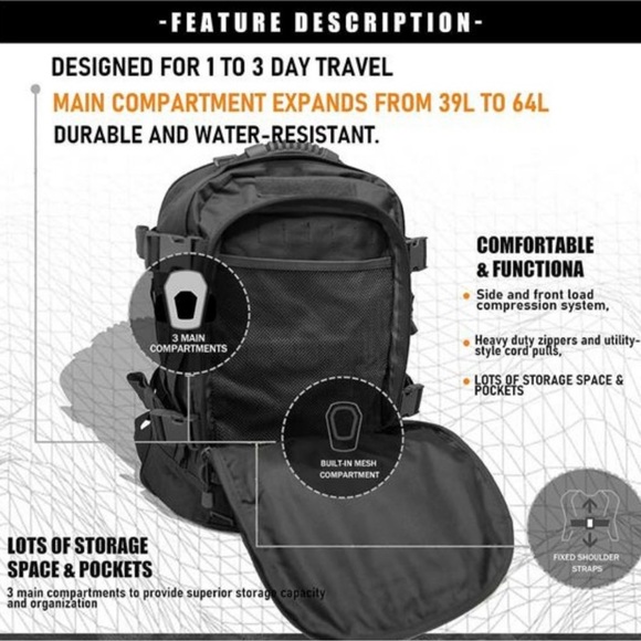 Men Backpacks Large Capacity Expandable Black Hiking Outdoors Military Backpack - Picture 4 of 6